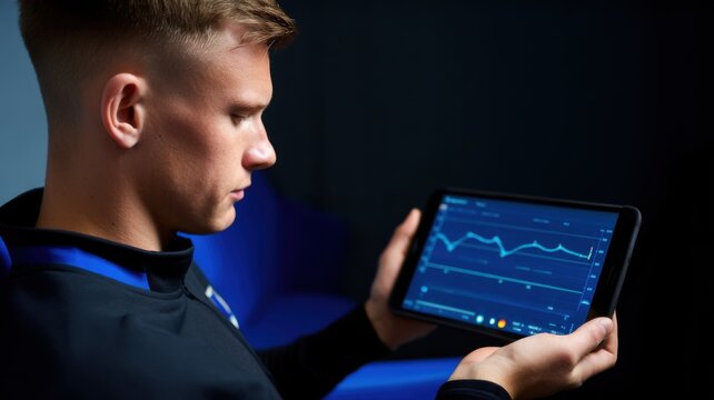 Focused individual analyzing data on a tablet screen.