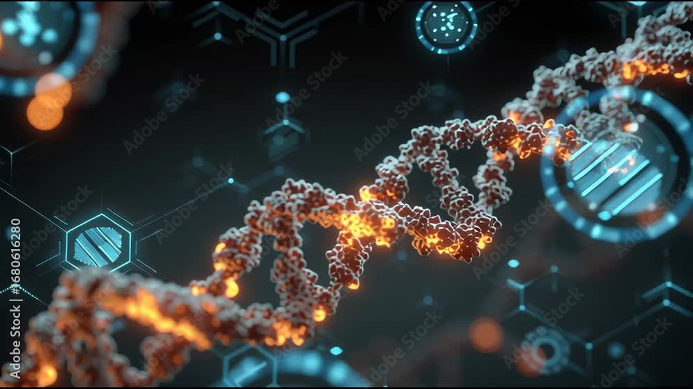 Poster gene editing visualization with glowing molecular structures and futuristic medical interfaces