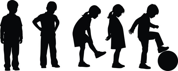 Silhouettes of Children Standing, Leaning, and Kicking Ball – Playful Kids Poses for Educational and Sports Design Projects