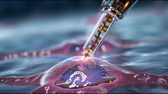 Robotic microinjection system editing DNA inside living cells, close-up, high detail