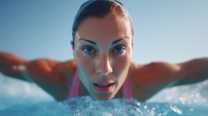 Swimmer focused on performance in a pool, capturing determination and strength.