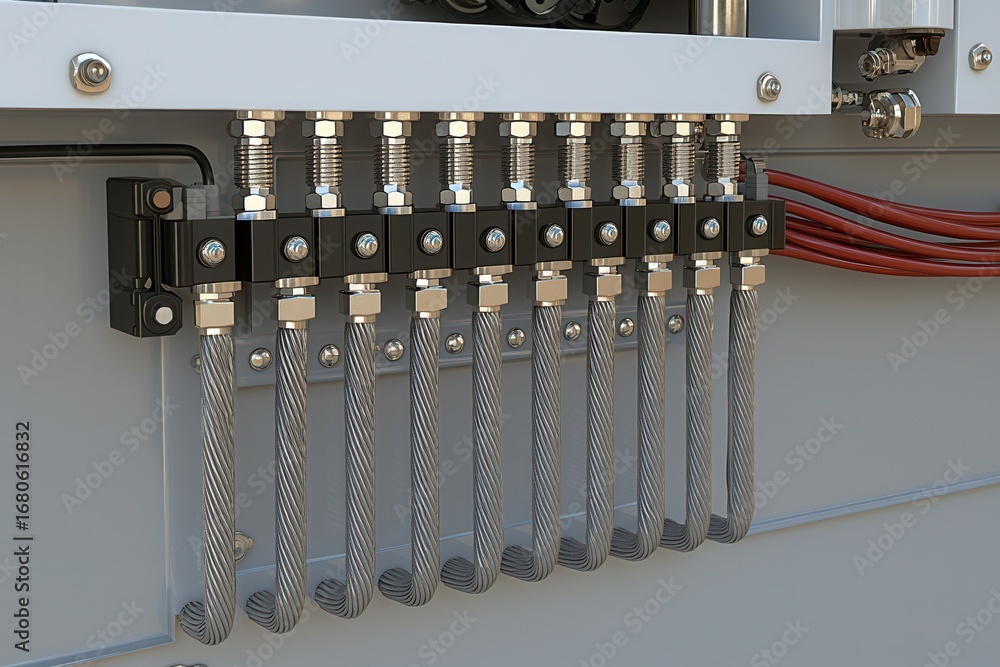 Poster a detailed view of a mechanical assembly featuring multiple hoses and connectors, illustrating indus
