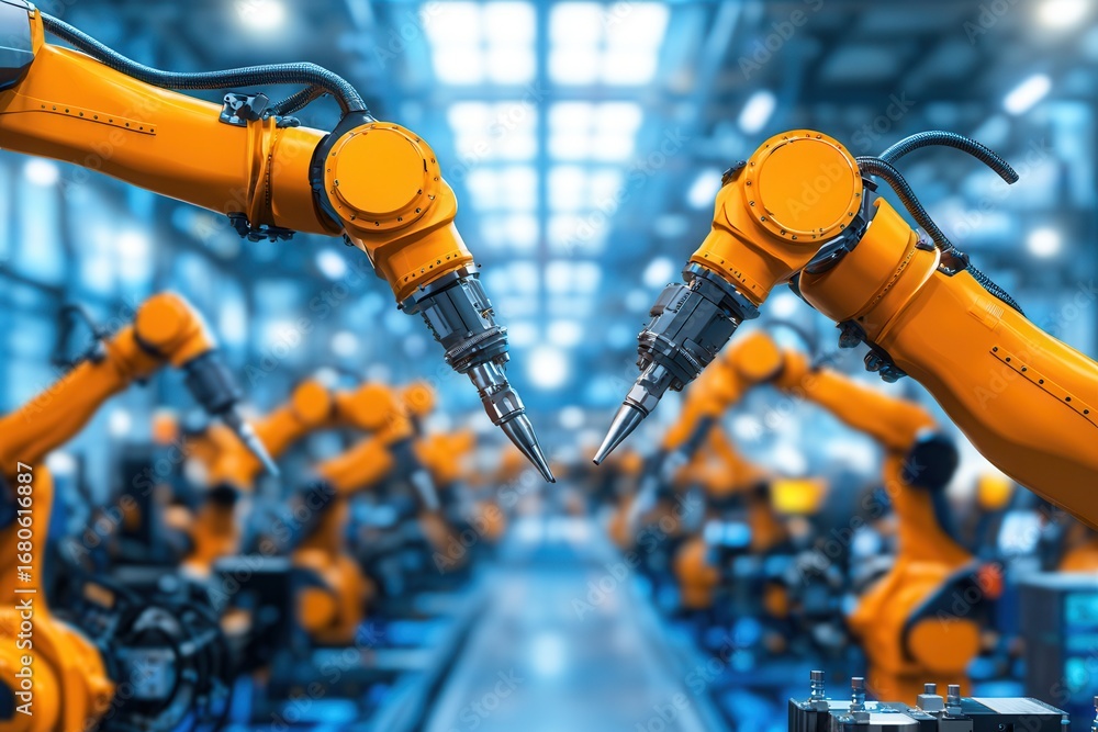 Poster two robotic arms are positioned to connect, surrounded by a factory setting filled with other roboti