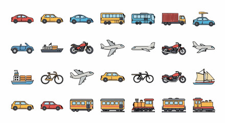 Vector icon set of vehicles including cars, buses, trucks, motorcycles, bicycles, airplanes, ships, and trains