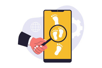 Digital Footprint and Online Privacy Illustration. A Person Tracking Their Digital Footprint on a Smartphone, Highlighting Personal Data and Privacy Concerns. Flat Vector Illustration