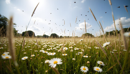 A beautiful field of daisies under a bright blue sky with birds.