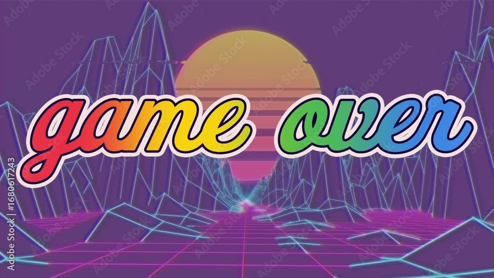 Aufkleber animation of colorful game over text over moving grid pattern and mountains against sun