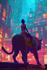 Babylon the Great (Woman on Beast): neon-lit decadent woman riding a beast of pixels, neon city of vice in background, photorealistic, decadent detail