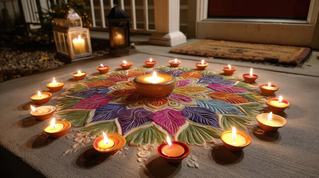 rangoli design with flower and traditional oil lamp on diwali festival