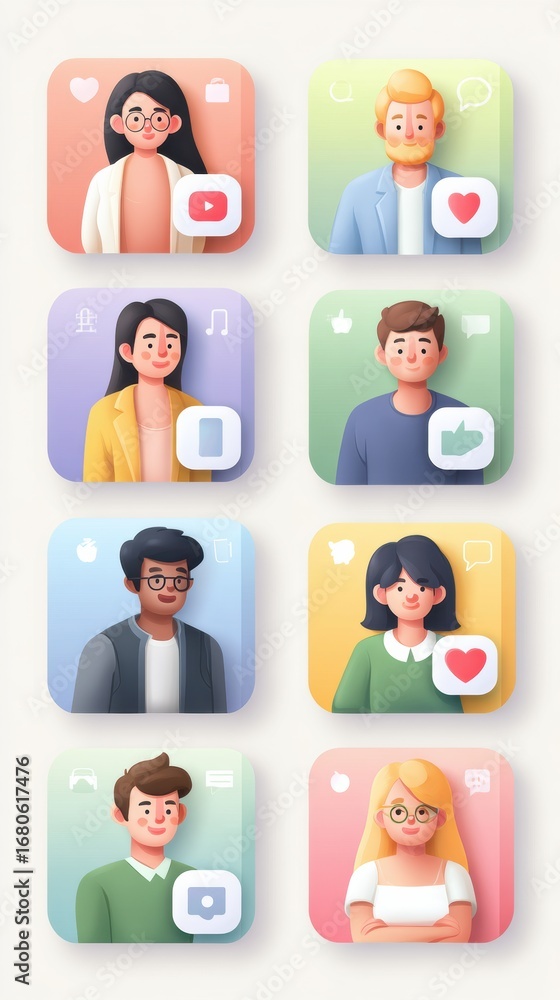 Poster digital avatars representing various emotions and activities in a colorful grid layout showcasing so