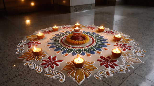 rangoli design with flower and traditional oil lamp on diwali festival