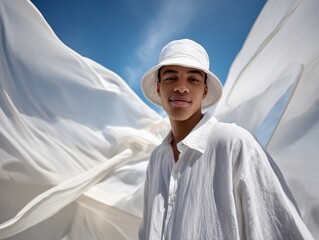 Portrait model fashion style male person sky white fabric clothing