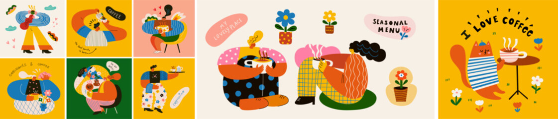 People are talking in cafe. Illustrations about coffee. Funny characters are drinking coffee