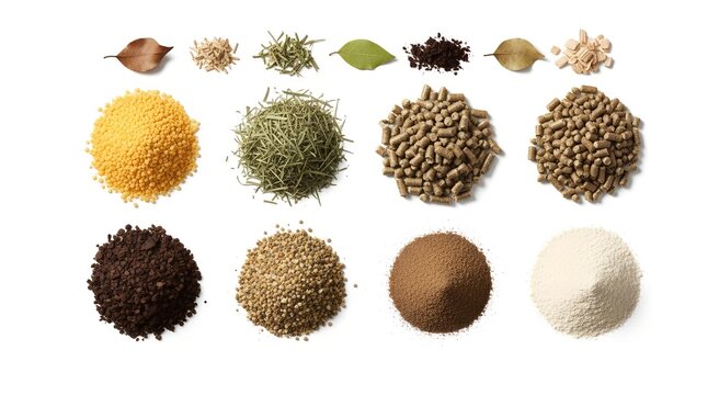 A top-down view displaying twelve distinct piles of dry ingredients, including various grains, pellets, powders, and dried herbs, arranged neatly on a clean white background.