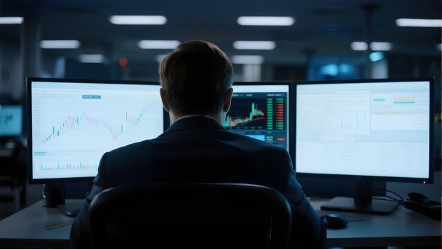 Trader analyzing financial data on multiple computer screens in a dimly lit office