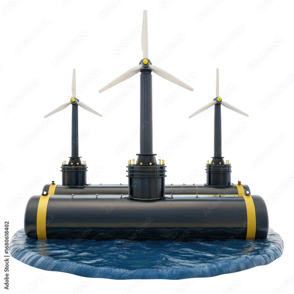 Poster tidal energy system floating wind turbine platform with three wind turbines above a water surface.