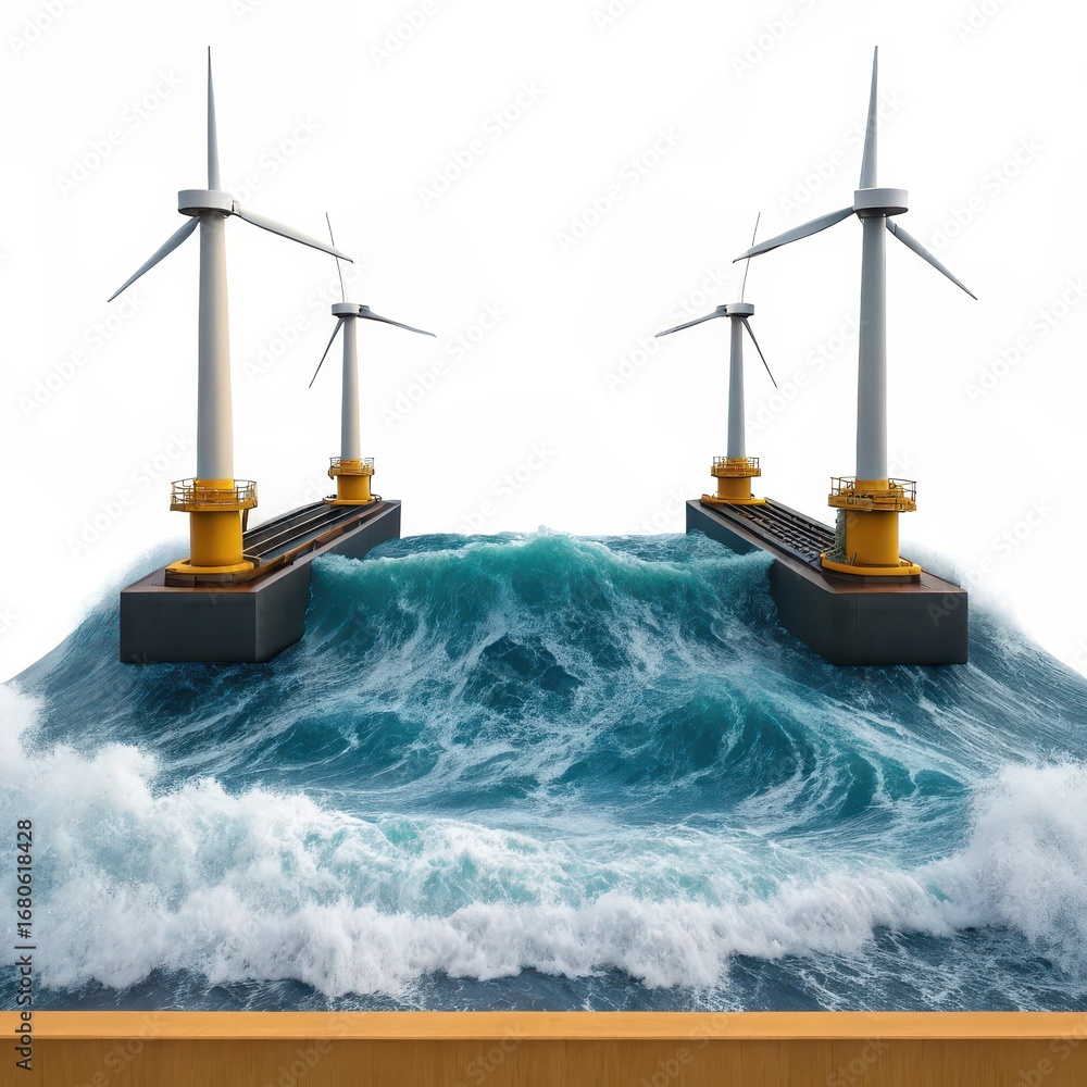 Poster tidal energy system wind turbines on a floating platform amidst turbulent waves, showcasing renewabl