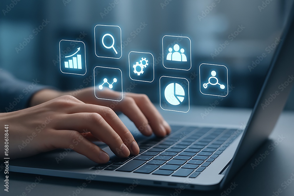 Poster business professional using a laptop for data analysis and process automation, interacting with a di
