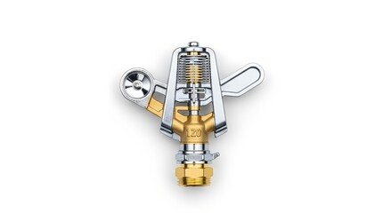 Close-up of a chrome and brass impact sprinkler head, featuring adjustable arms and a nozzle, isolated on a white background.