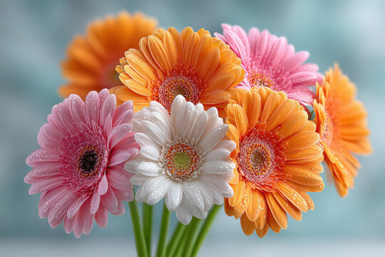 Bright gerbera daisies in watercolor background setup.