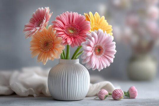 Bright gerbera daisies in watercolor background setup.