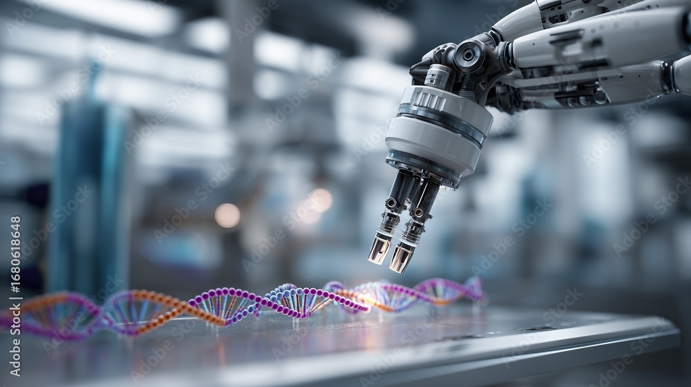 Poster gene editing robot assembling synthetic dna strands under sterile high-tech laboratory conditions