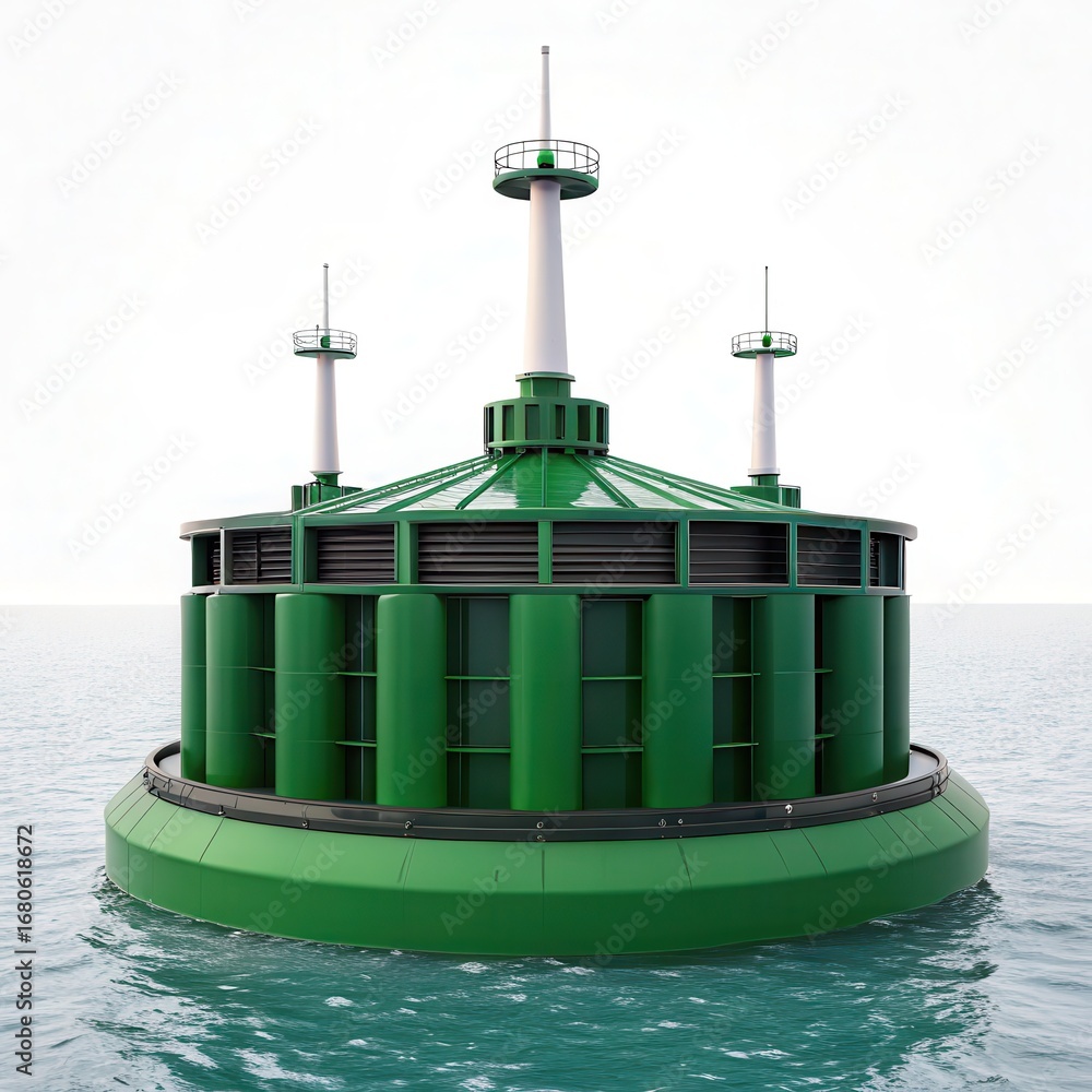 Poster tidal energy system floating green structure in water with multiple spires and a cylindrical design.