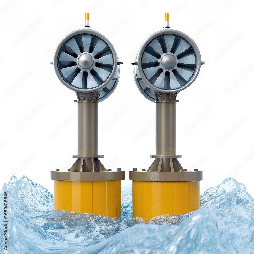 Poster tidal energy system innovative water turbines generating energy in a dynamic ocean setting.