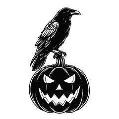 Fototapeta premium Halloween pumpkin with a crow sitting on top isolated on white background