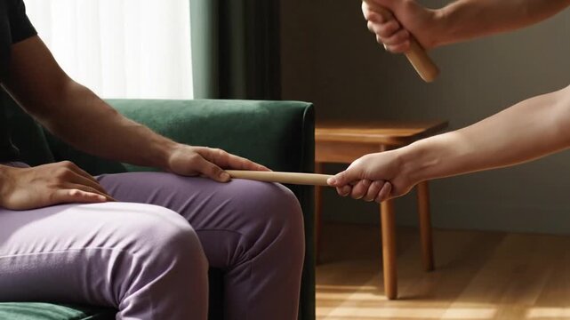 Man Sits on a Green Velvet Couch While Holding a Wooden Dowel Against His Knee in a Warm Interior Setting With Lavender Pants and Soft Natural Lighting for Stock Footage