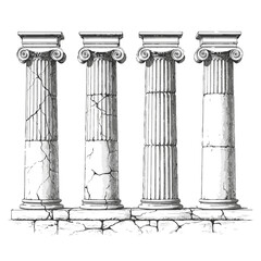 Four ancient greek ionic columns, isolated on white background