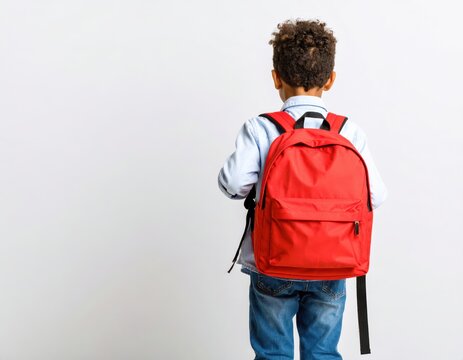 A young boy with curly hair wears a red backpack, facing away from the viewer against a white background.