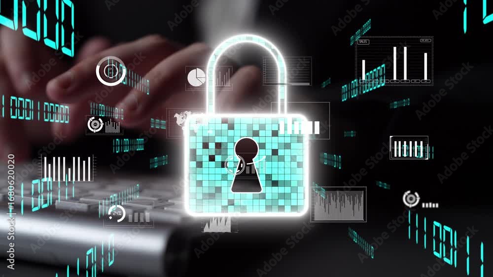 Poster visual representation of cyber security with a digital lock, data analytics, and graphs, emphasizing