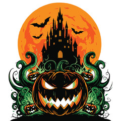 Scary halloween pumpkin with castle and bats on full moon background
