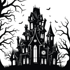 Silhouette of a spooky haunted mansion with bare trees and bats