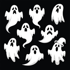 Collection of cute cartoon ghosts with scary faces on black background