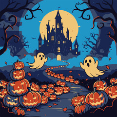 Spooky haunted castle with ghosts and pumpkins on halloween night