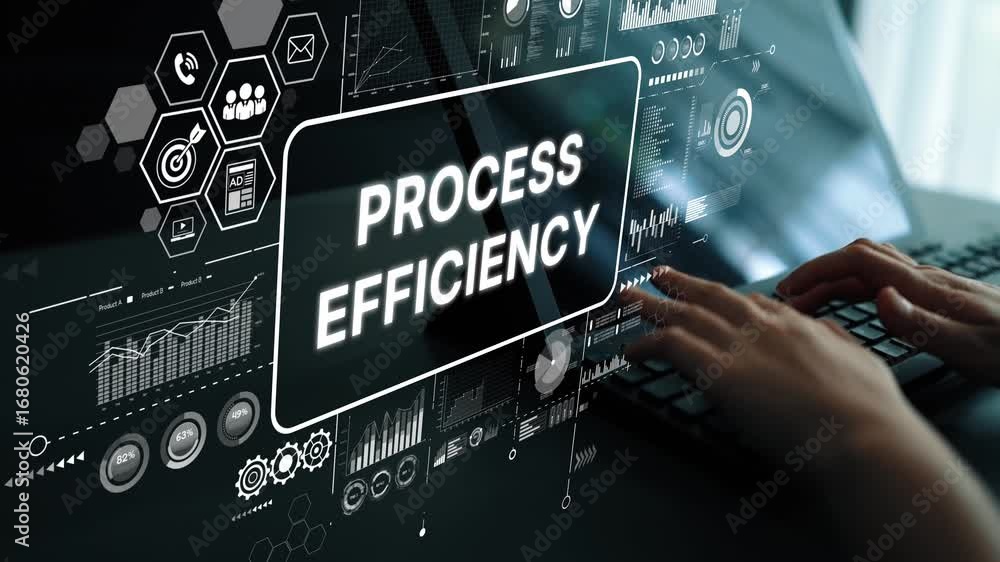 Poster focused hands on keyboard with overlay of process efficiency icons and graphics. asymptotic smart da
