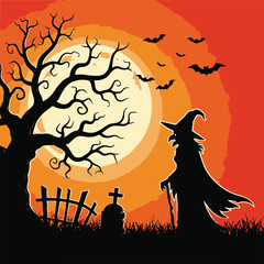 Halloween scene with witch, tree, and full moon at night