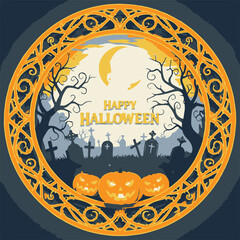 Happy halloween spooky night with pumpkins and graveyard scene