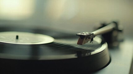 Vintage record player spinning a vinyl disc, capturing the warm nostalgic feel of analog music