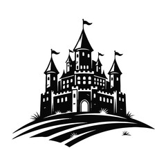 Black silhouette of a gothic castle on a hill isolated on white background