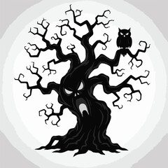 Scary silhouette of a haunted tree with an owl at night