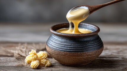 Close-up of butter pot with makhan spilling out.