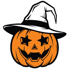 Halloween pumpkin with a witch hat and star eyes