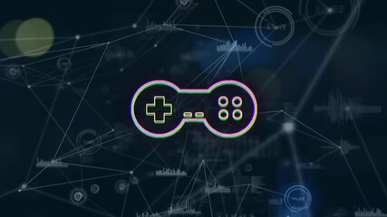 Animation of game controller icon, network connecting dots with graphs on digital interface - Powered by Adobe