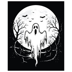 Spooky ghost with bats and full moon in a haunted forest