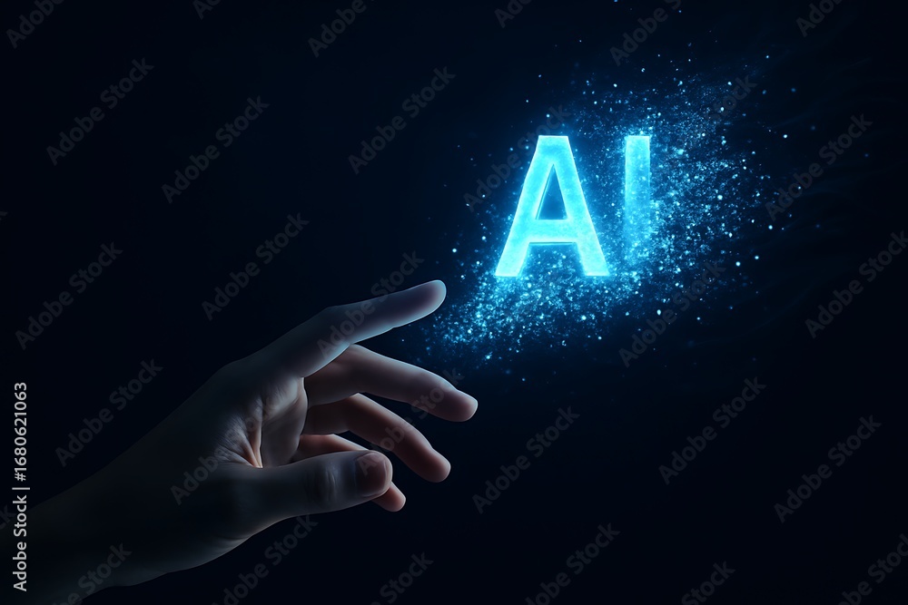 Poster human hand touches ai concept with glowing letters and particles, symbolizing artificial intelligenc