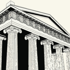 Ancient greek temple facade with ionic columns and pediment in black and white