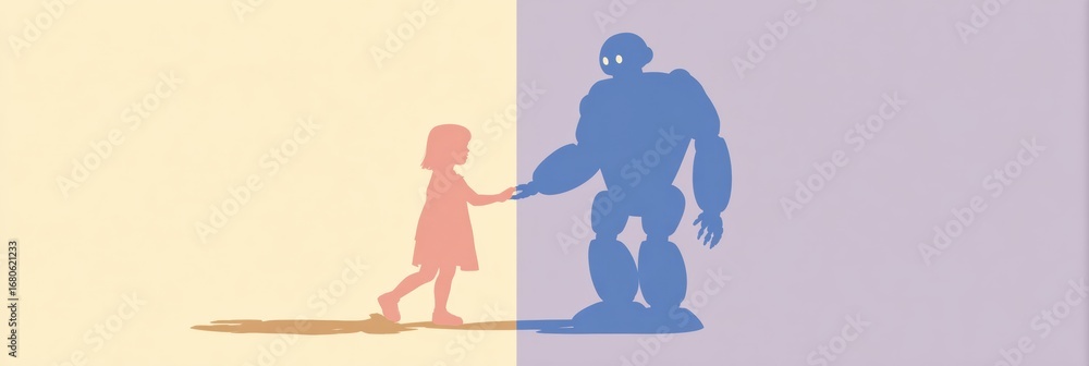 Poster child interacts with a friendly robot in a colorful setting during a sunny afternoon